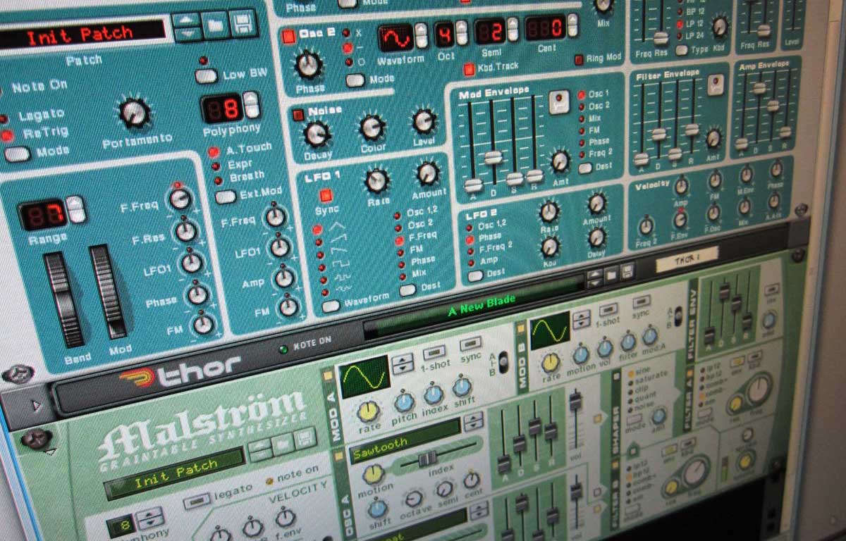 Photograph of a rack of synthesizers in Reason.